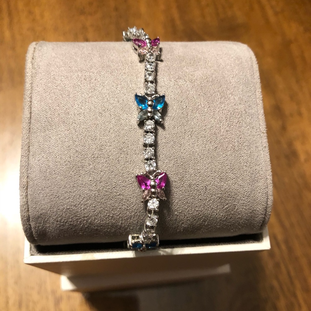 Silver Bracelet with Blue & Pink Butterflies
